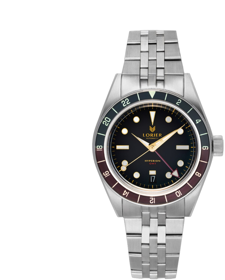 Lorier Hyperion GMT watch black dial red and blue bezel on steel bracelet
