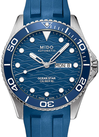 Mido Ocean Star 200C blue dial ceramic bezel dive watch on blue rubber strap
