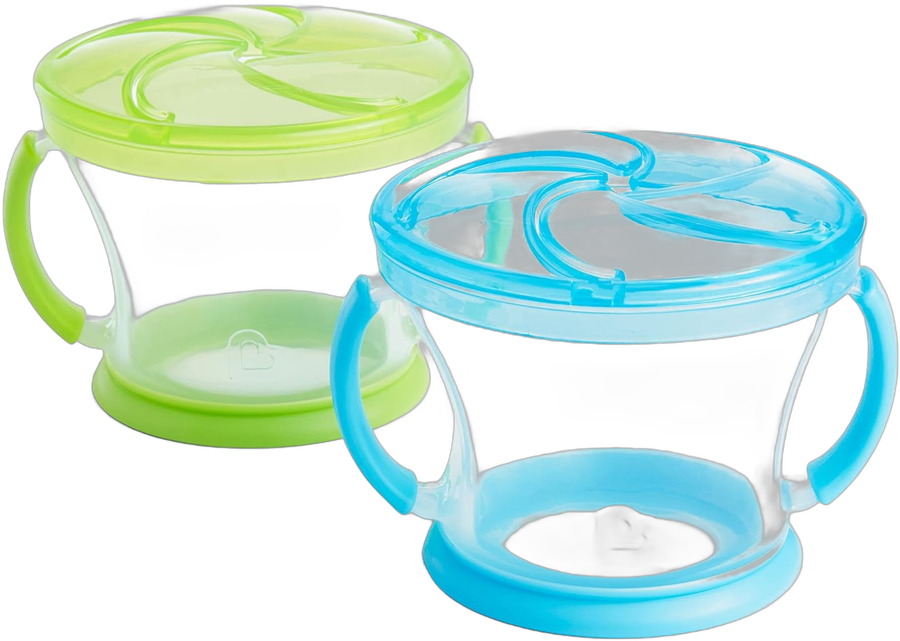 Munchkin Snack Catcher two pack blue and green spill-proof snack cups