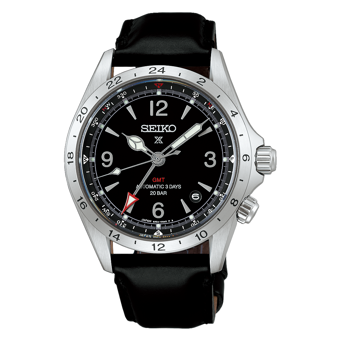 Seiko Prospex Alpinist Mechanical GMT SPB379 — matte black dial; swap stock leather for rubber or nylon in the cold