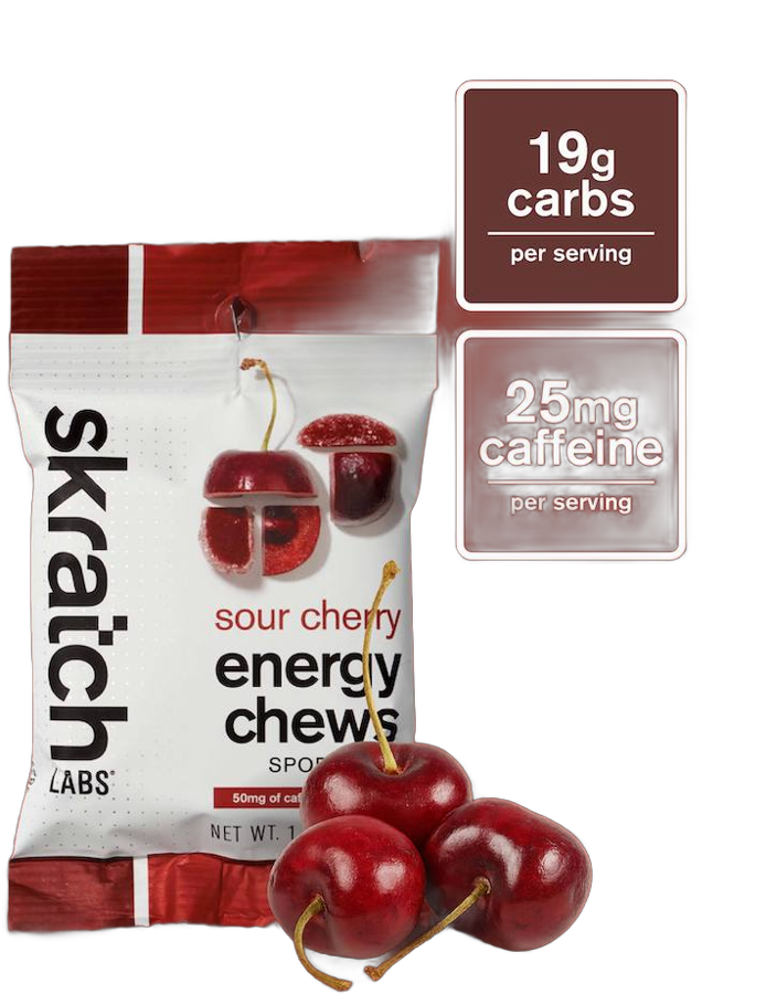 Skratch Labs Energy Chews Sour Cherry with caffeine pouch