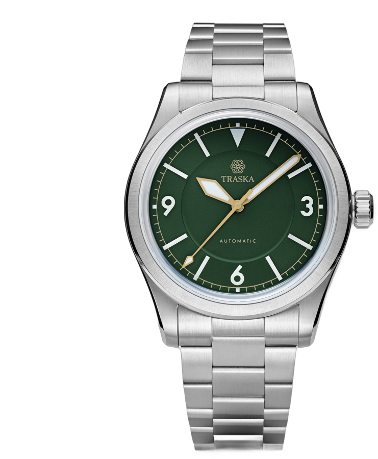 Traska Summiteer 38 Pine Green field watch on steel bracelet